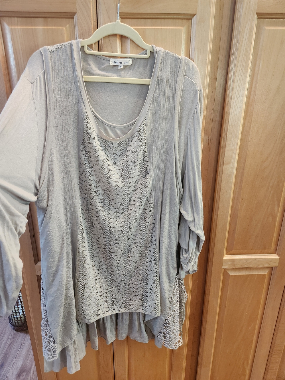 Indigo Sky Light Gray Layered Lace-Front Women's Top